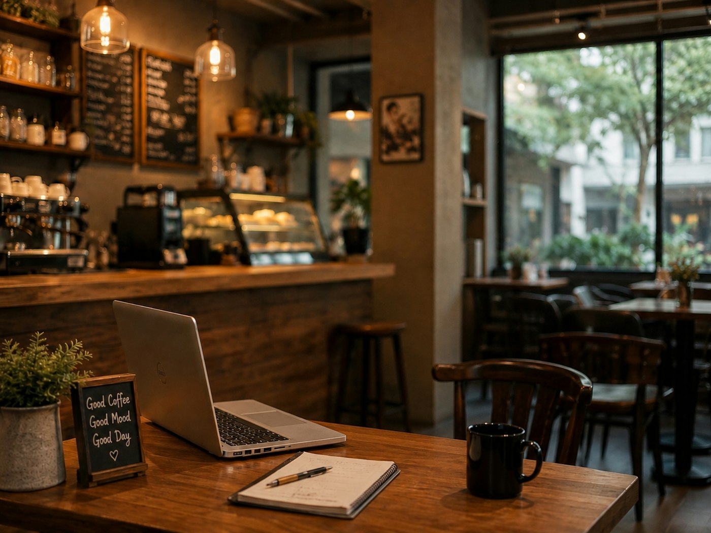 Laptop on a table inside a cozy local café